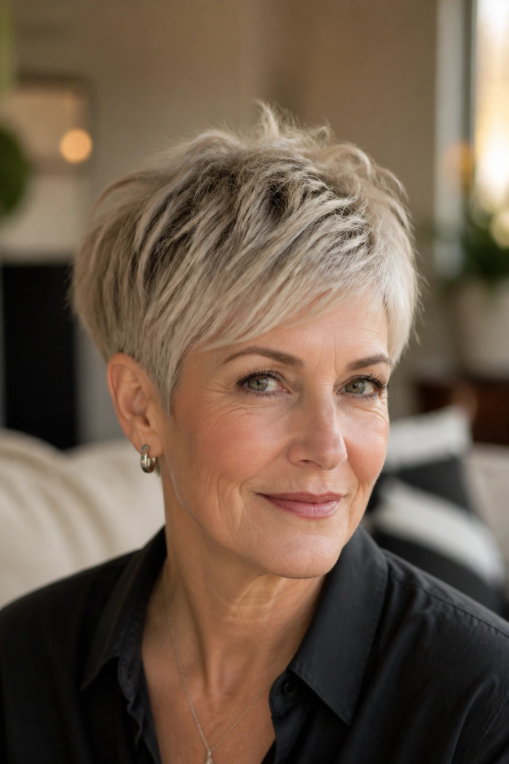 Close-up portrait of a real woman with a shaggy pixie haircut featuring piecey top layers.