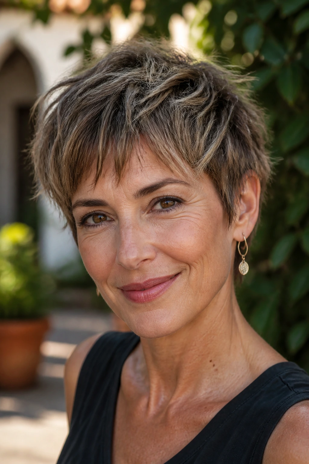 Close-up of a real woman with a shaggy pixie and soft layers