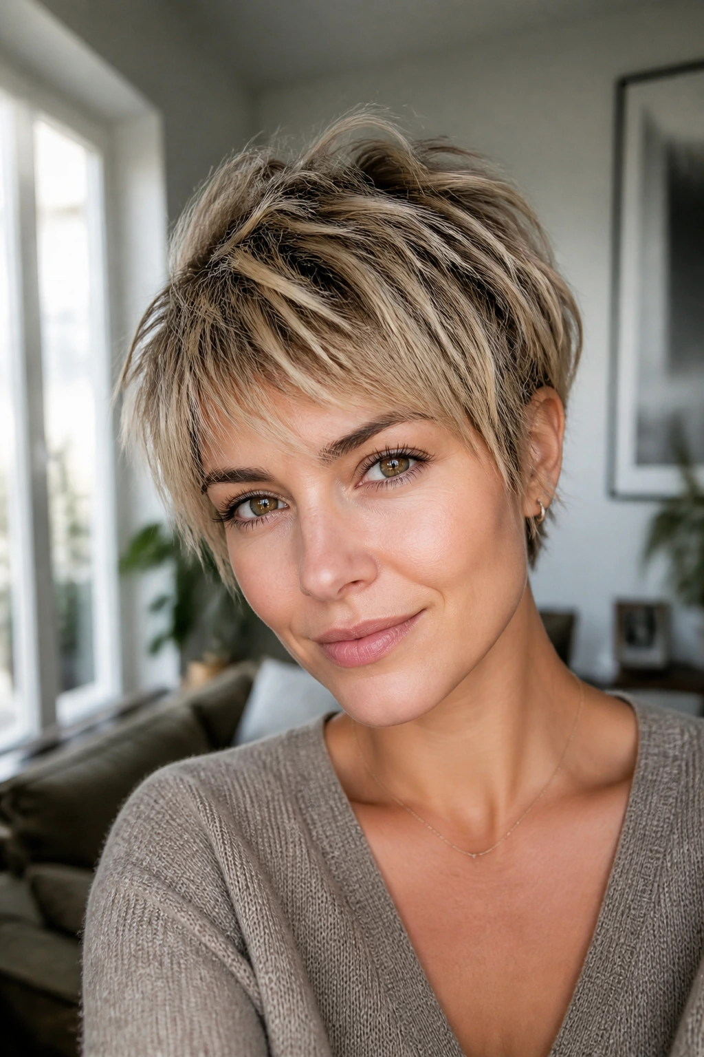 Real woman with shaggy pixie showing lift and feathered ends in living room light