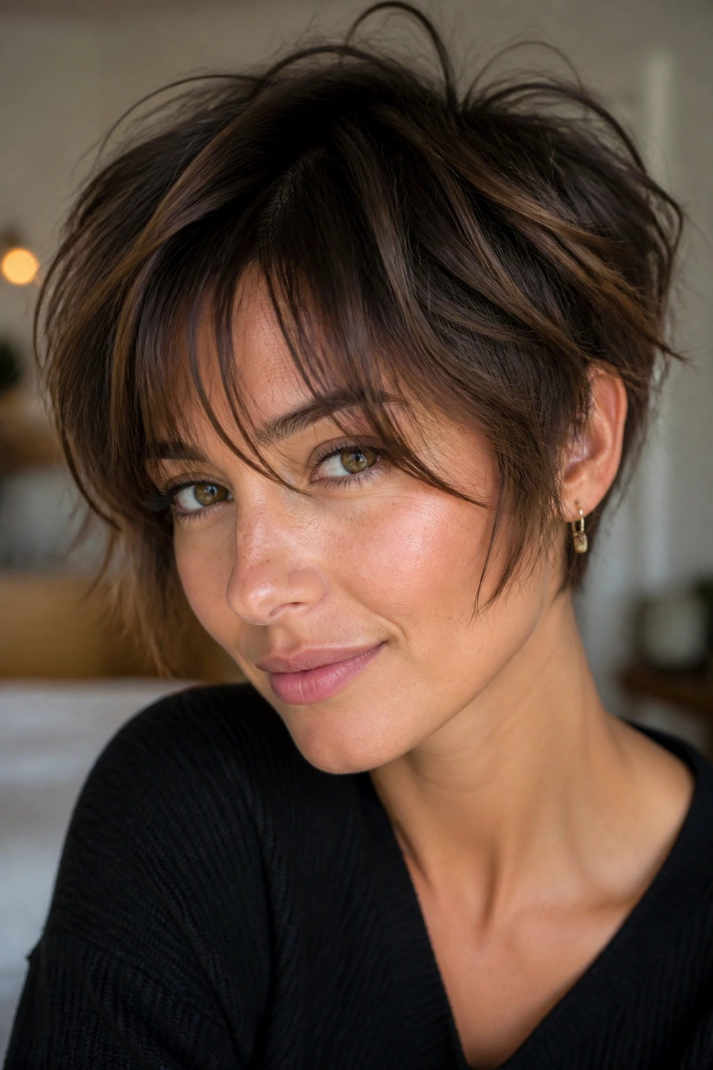 Portrait of a person with a shaggy pixie and long wisps