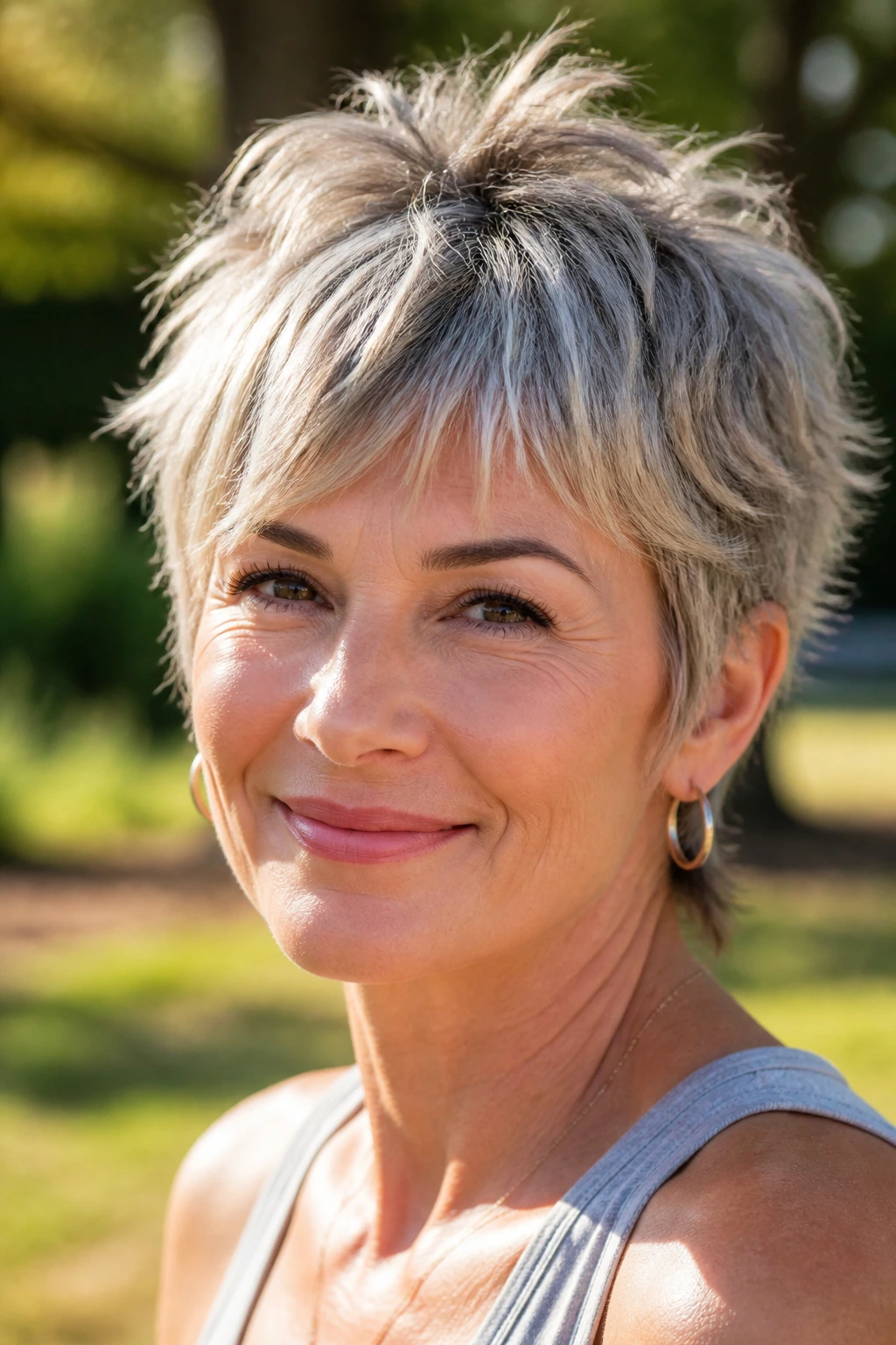 Portrait of woman with shaggy pixie hairstyle and messy ends