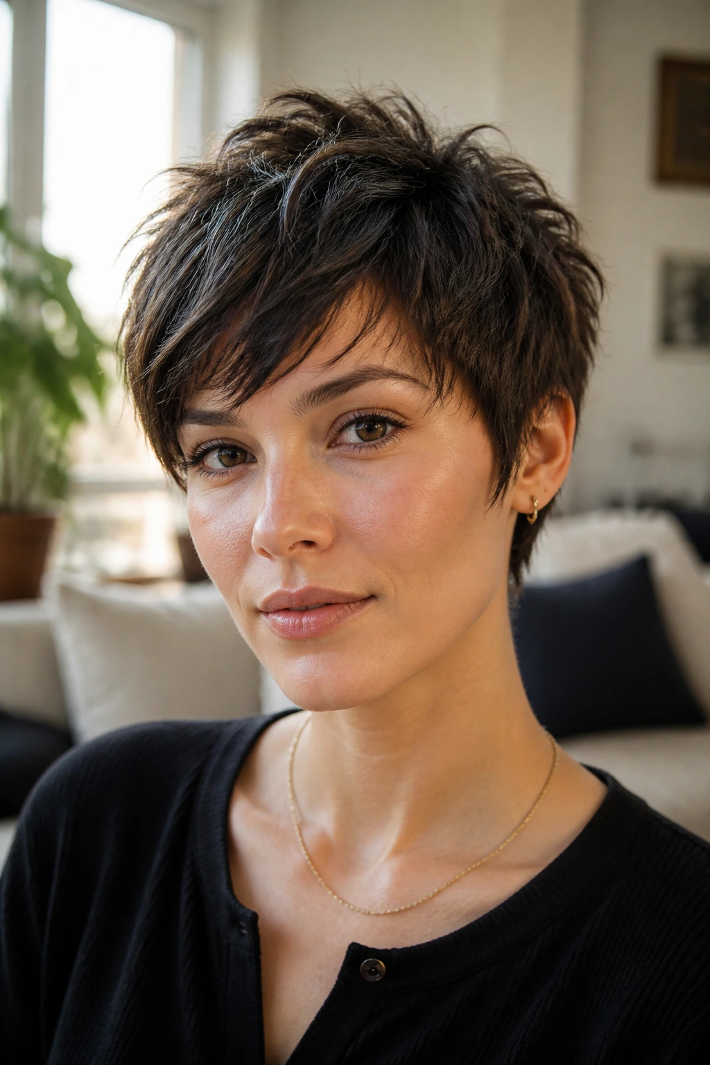 Close-up portrait of a real woman with a shaggy pixie in soft daylight.