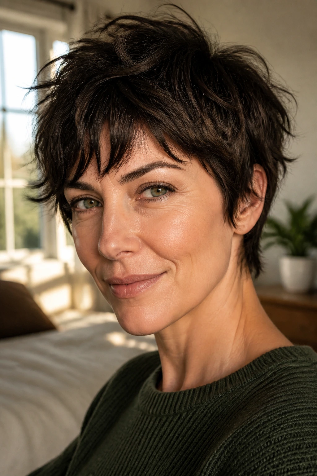 Close-up of a real woman with a shaggy pixie cut showing uneven layers and texture