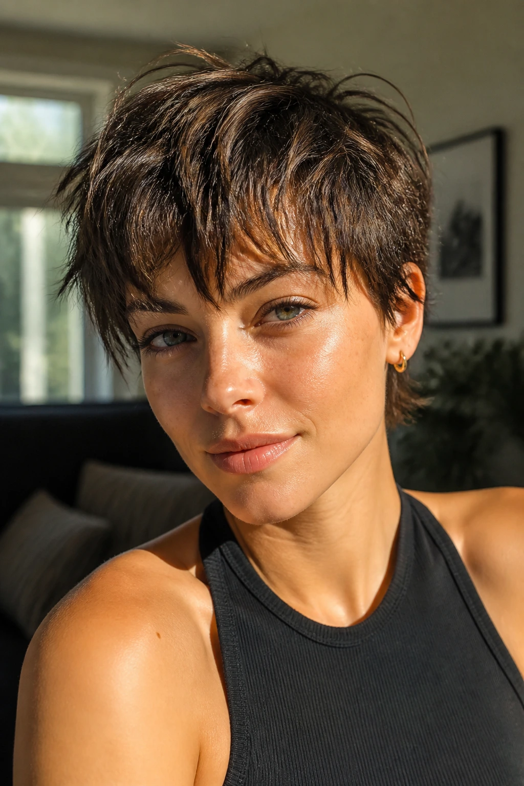 Close-up portrait of a real person with shaggy pixie and tousled fringe