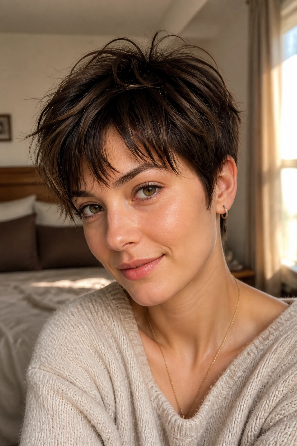 Close-up portrait of a real woman with a shaggy pixie featuring textured crown and jagged ends