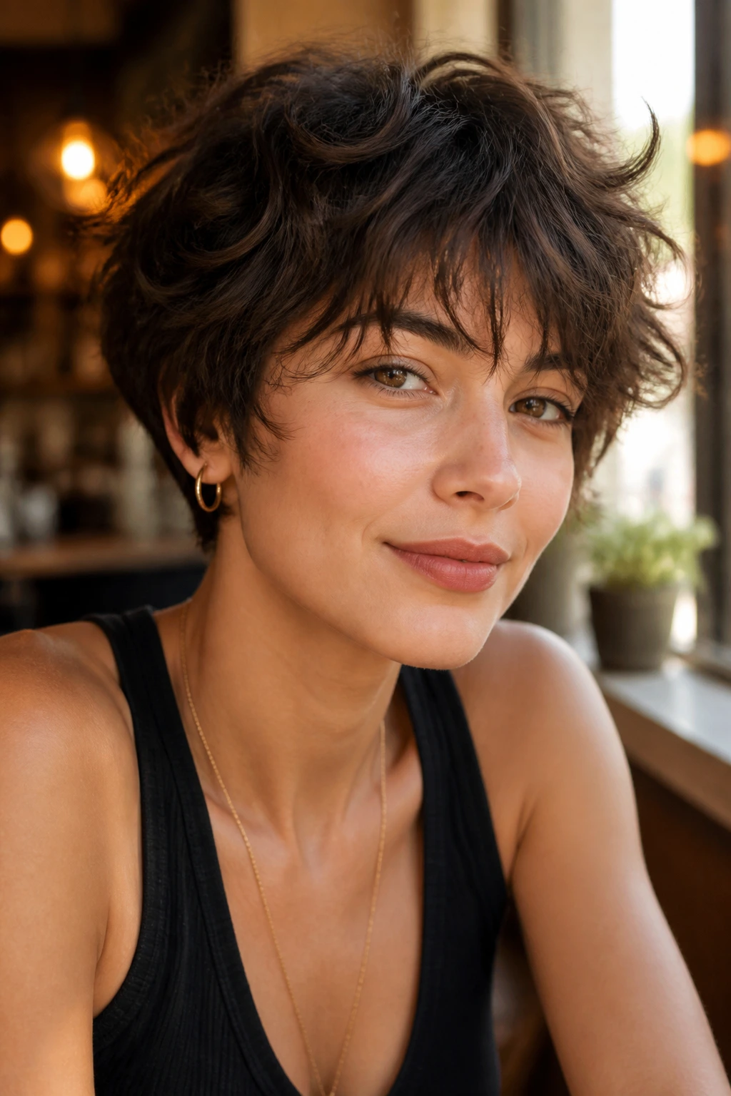 Close-up of a woman with shaggy pixie cut and soft fringe in a sunny cafe setting