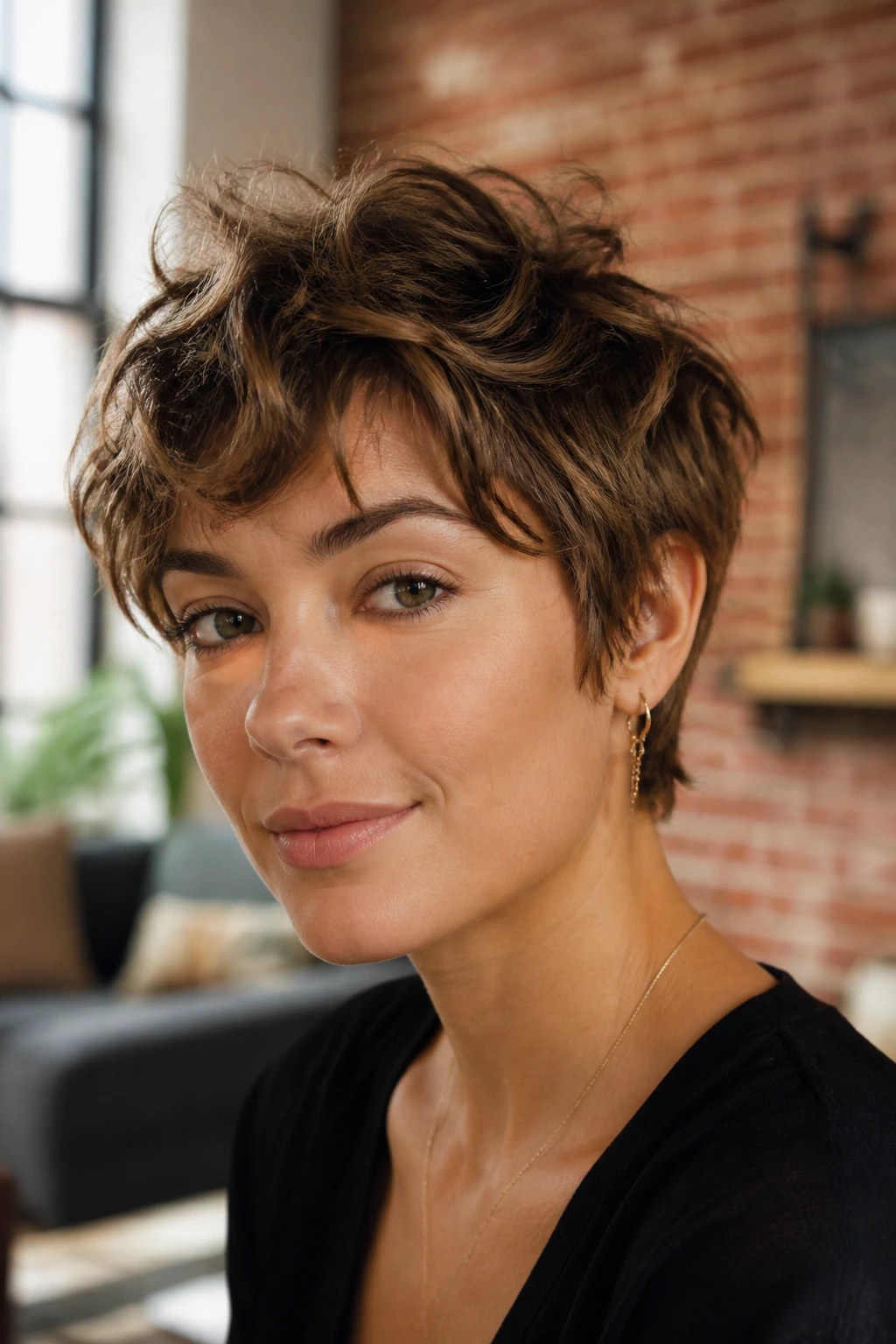 Close-up portrait of a real woman with shaggy wavy pixie hairstyle in a sunlit loft
