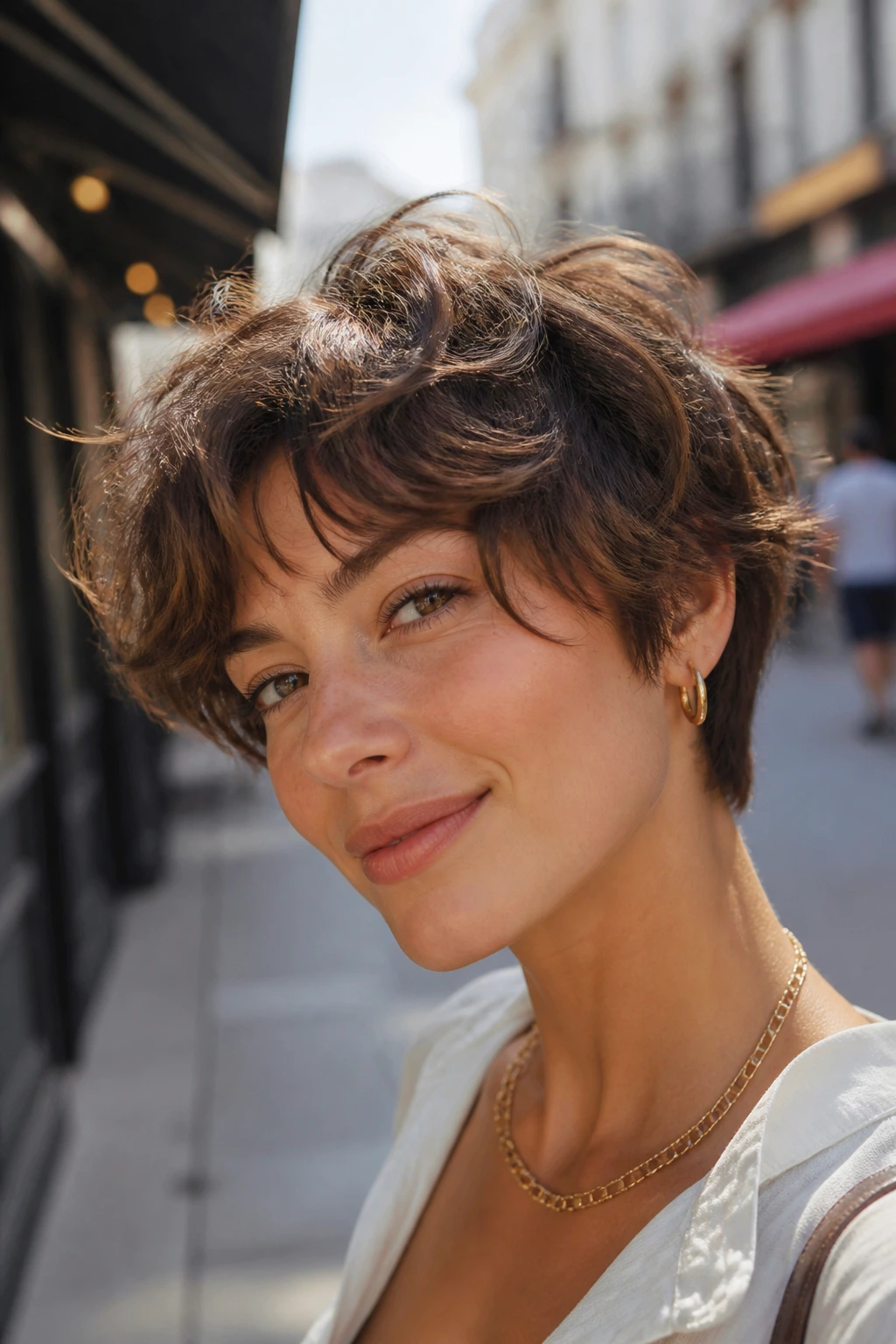 Real person with wispy layered shaggy pixie in urban outdoor setting