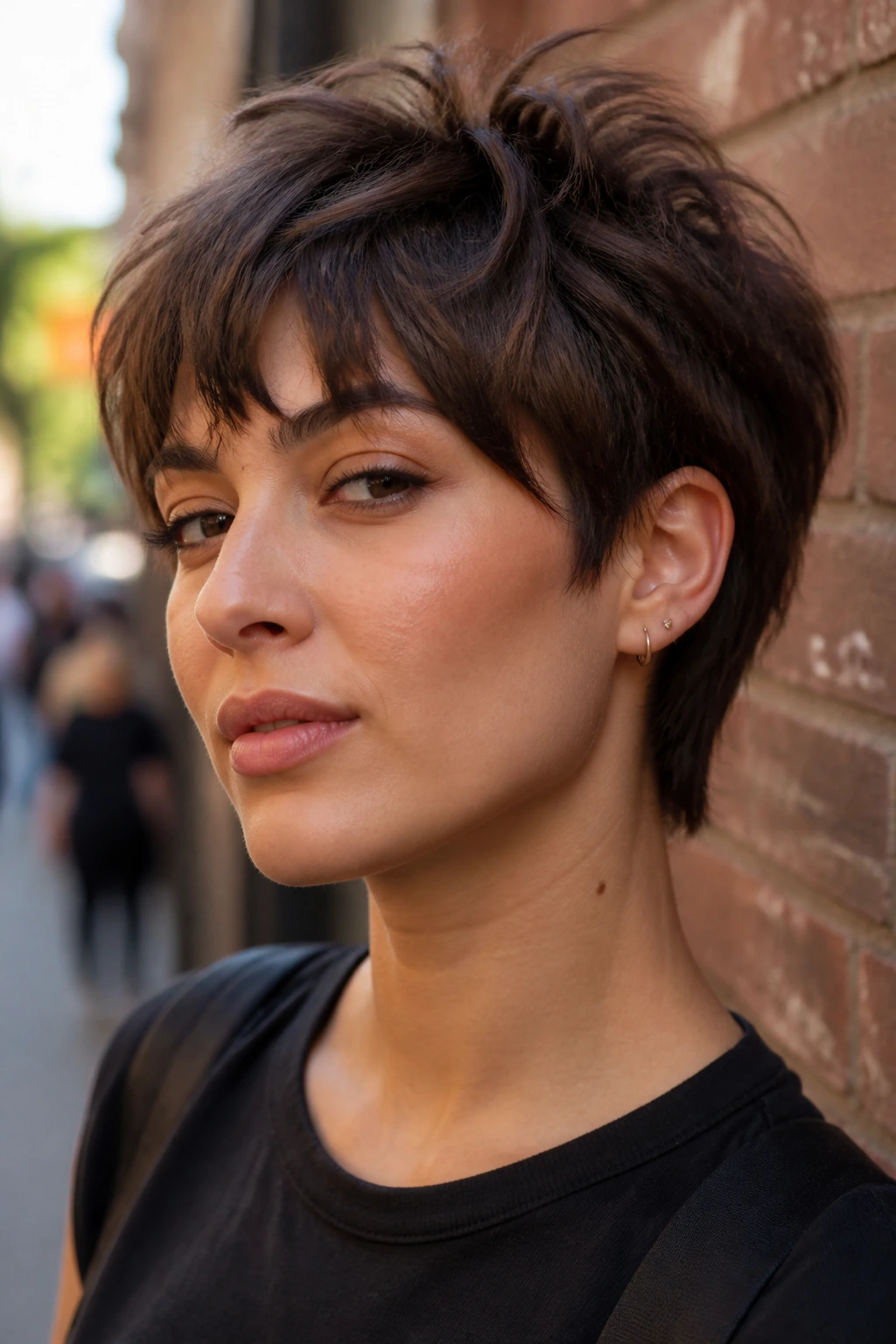 Close-up of a real woman with a shaggy pixie wolf cut and wandering fringe