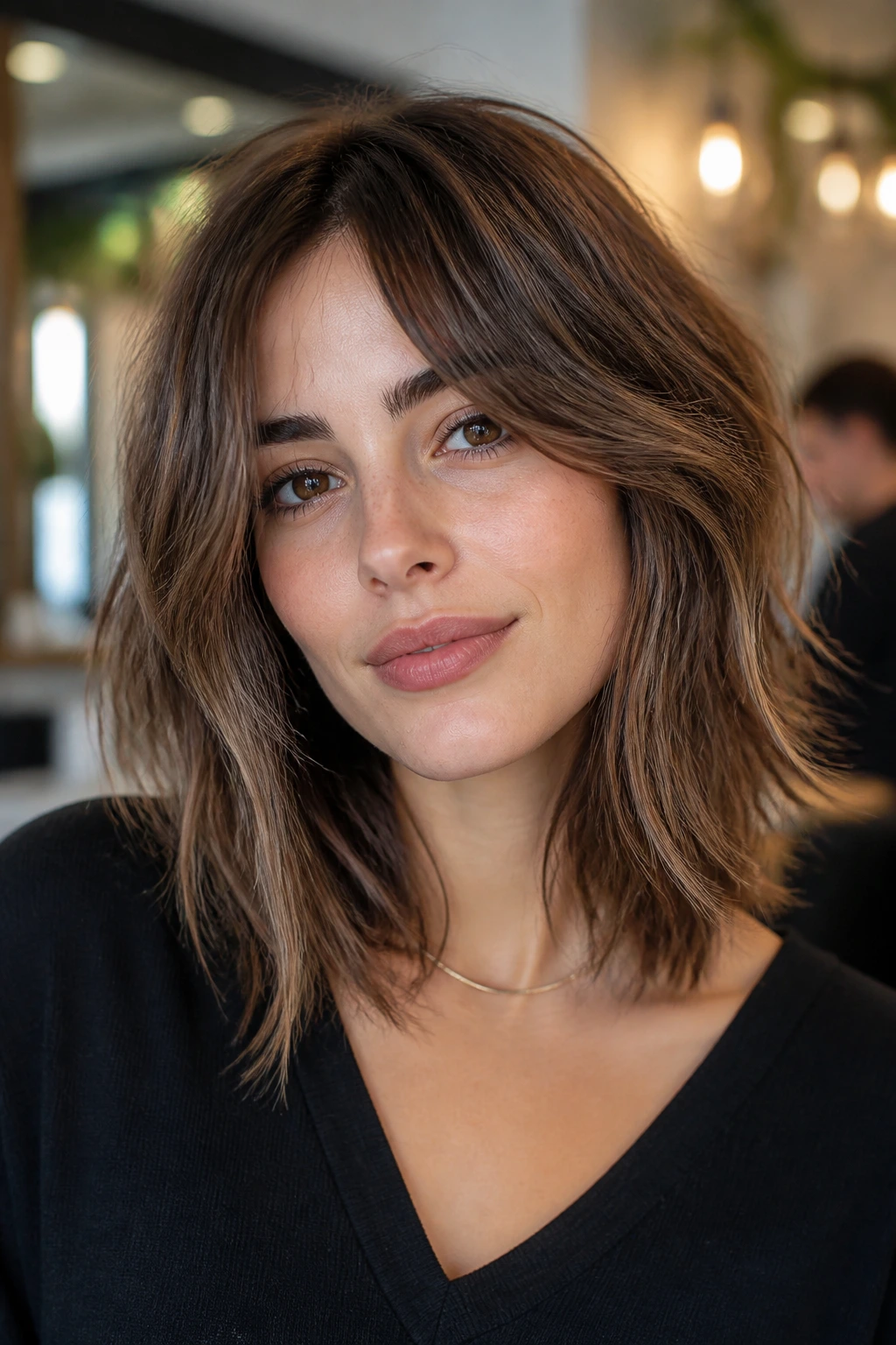 Close-up of a real woman with a shaggy razor-cut lob in a stylish salon.