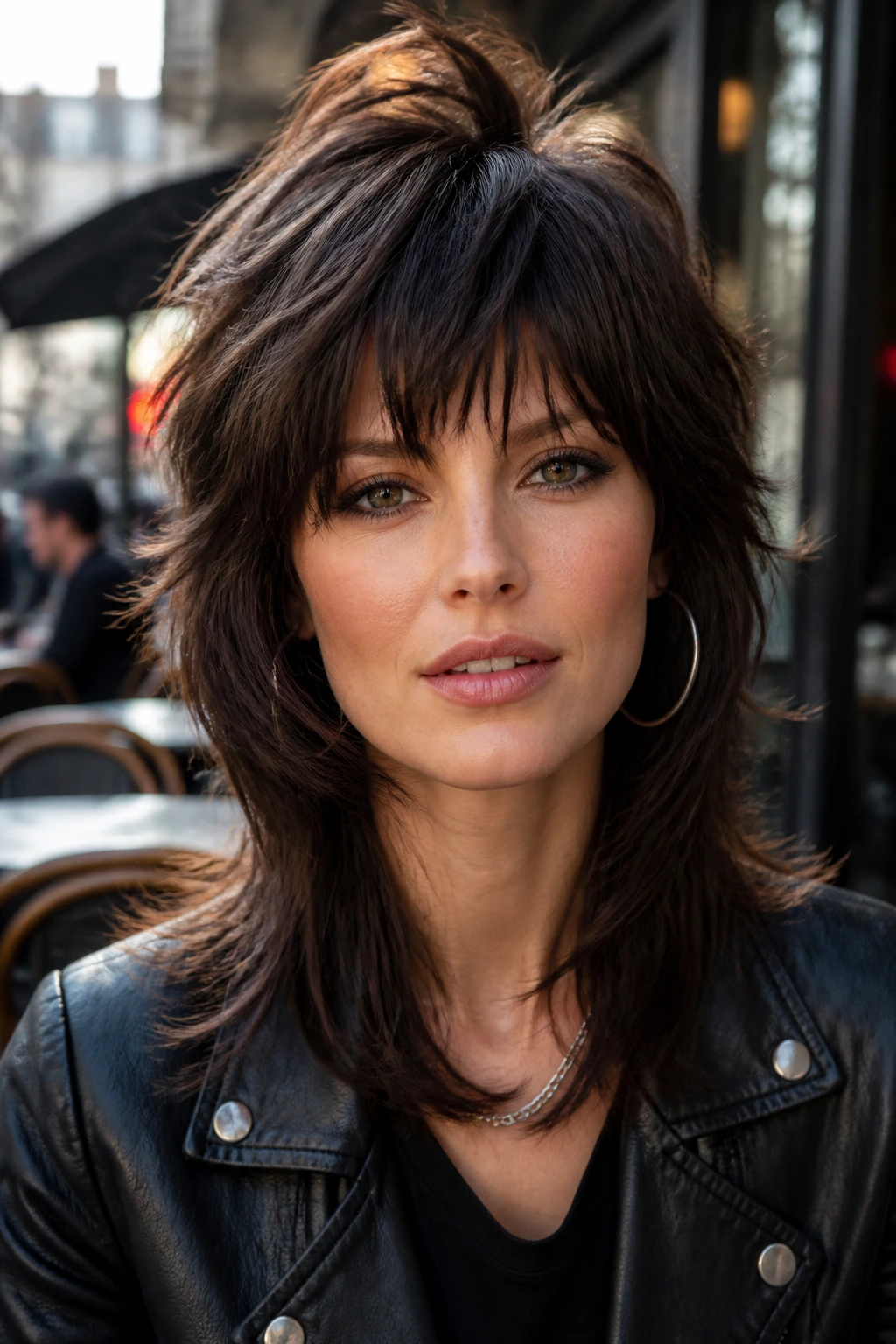 Portrait of a woman with a sharp, edge-driven shaggy rocker haircut, crown lift, natural daylight.