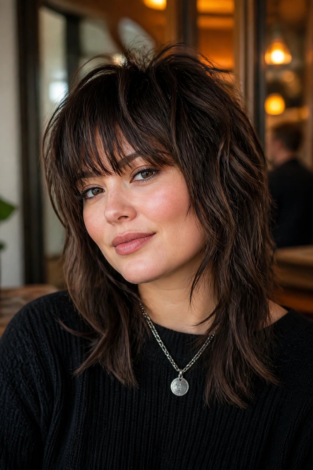 Portrait of a real person with shaggy rocker cut on a round face showing crown lift and fringe.