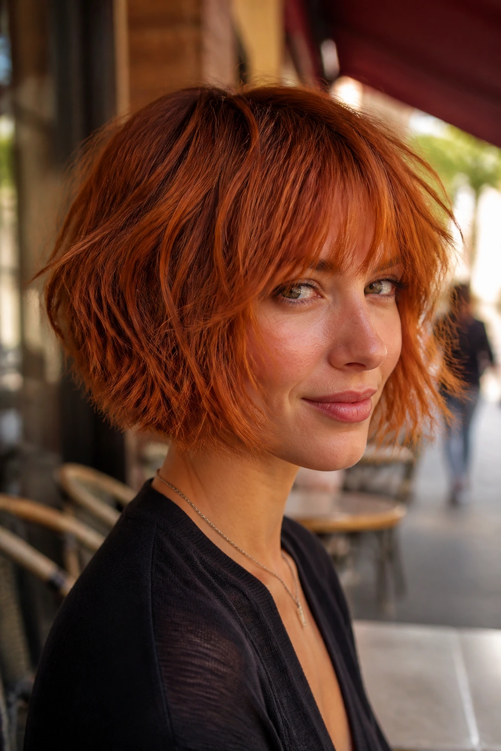 Close-up portrait of a real woman with shaggy rust copper bob in an urban cafe setting.