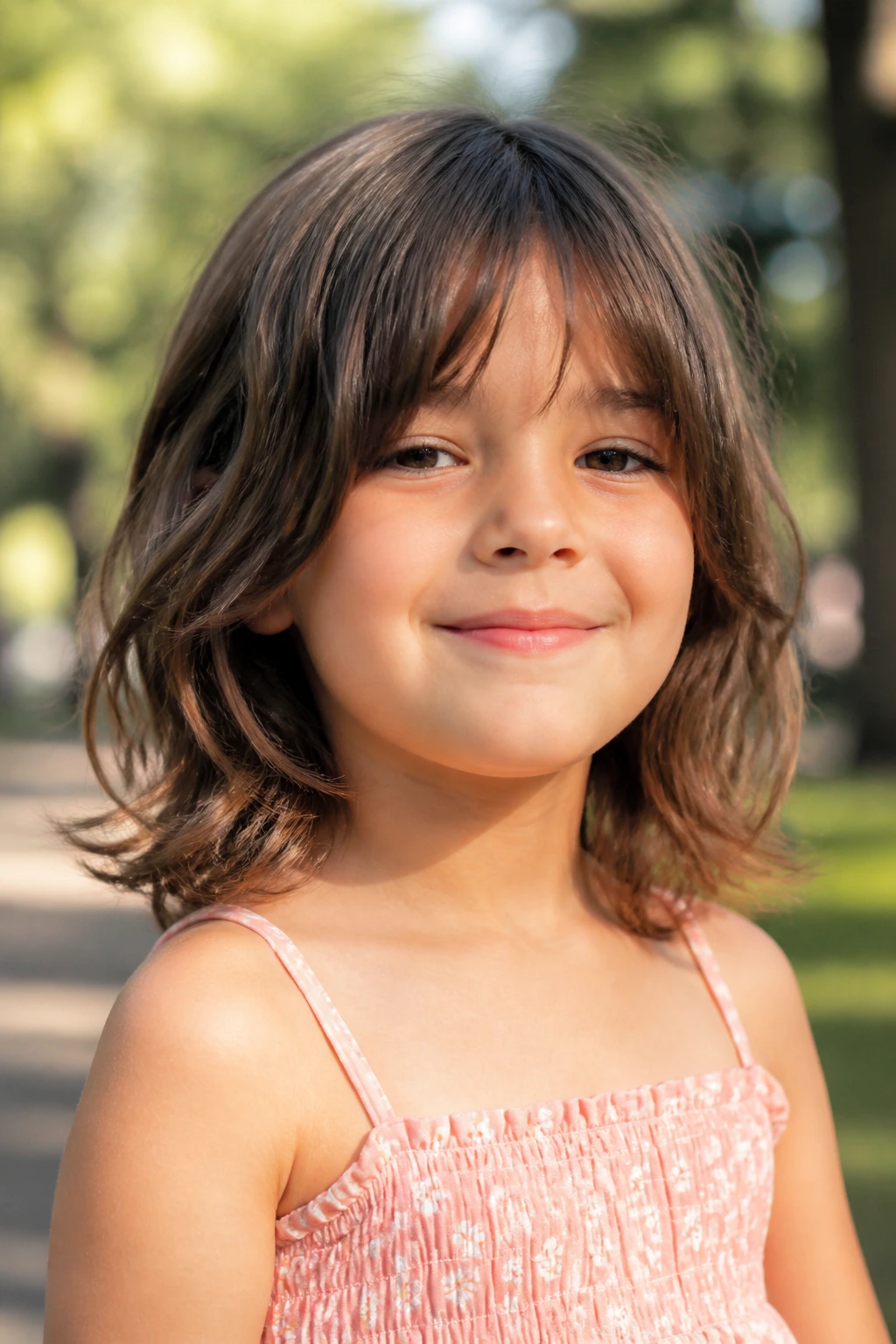 Portrait of girl with shoulder-length shaggy cut in sunny outdoor setting