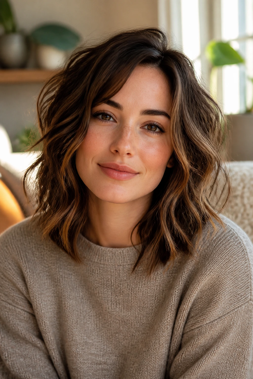 Close-up of a real woman with shoulder-length shaggy waves in a softly lit room