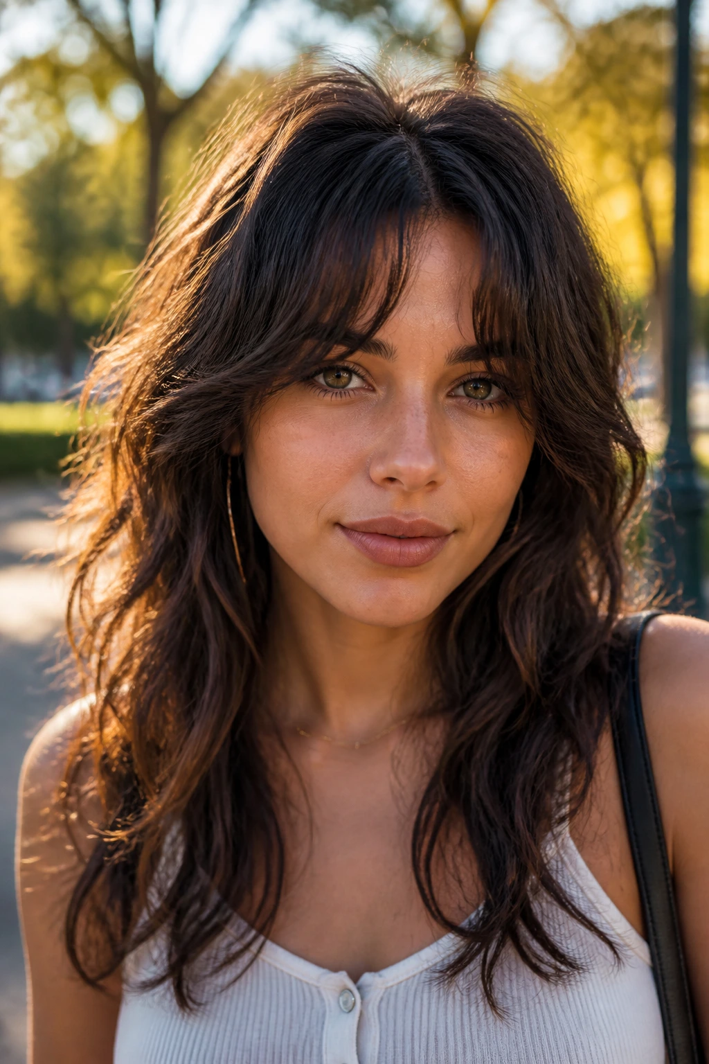 Real woman with textured shaggy split bangs in golden-hour light.