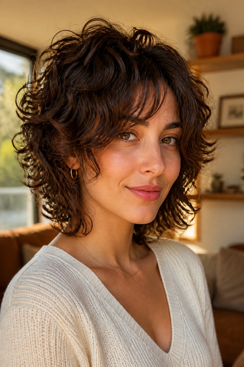 Close-up of a real woman with shaggy stacked cut and curtain bangs in warm window light
