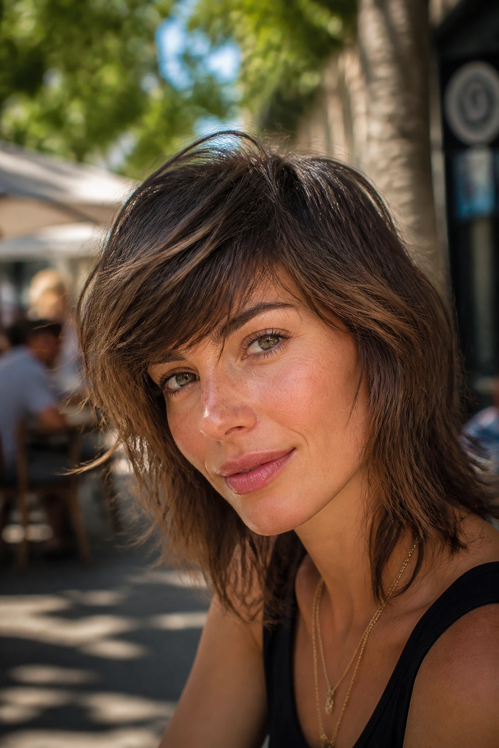 Real woman with shaggy swoop and choppy ends hairstyle in outdoor cafe light