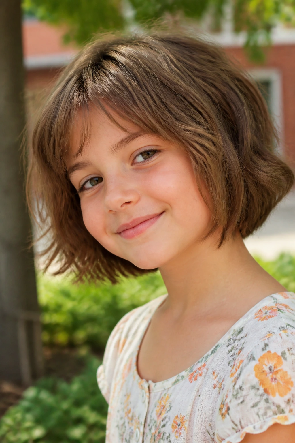 Girl with shaggy textured bob in sunny outdoor setting