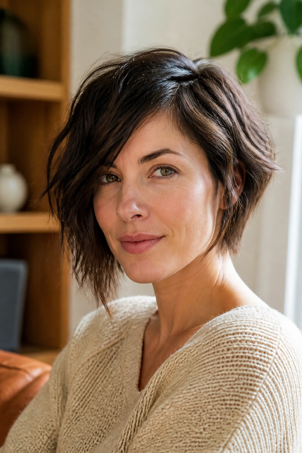 Close-up portrait of a real woman with a shaggy textured asymmetrical bob in natural window light.