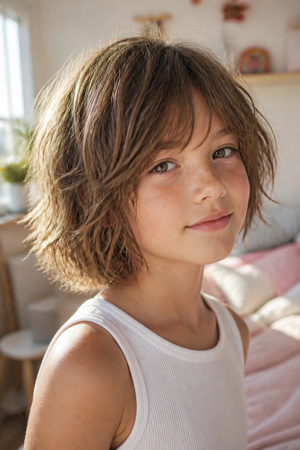 Close-up of a child with shaggy textured bob in sunlit bedroom