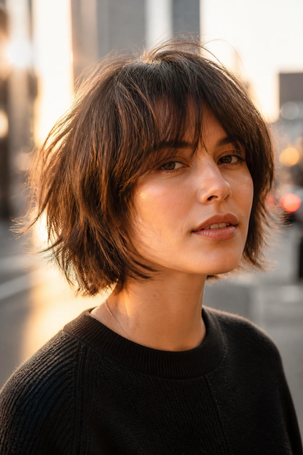 Real woman with shaggy textured bob on the street at golden hour