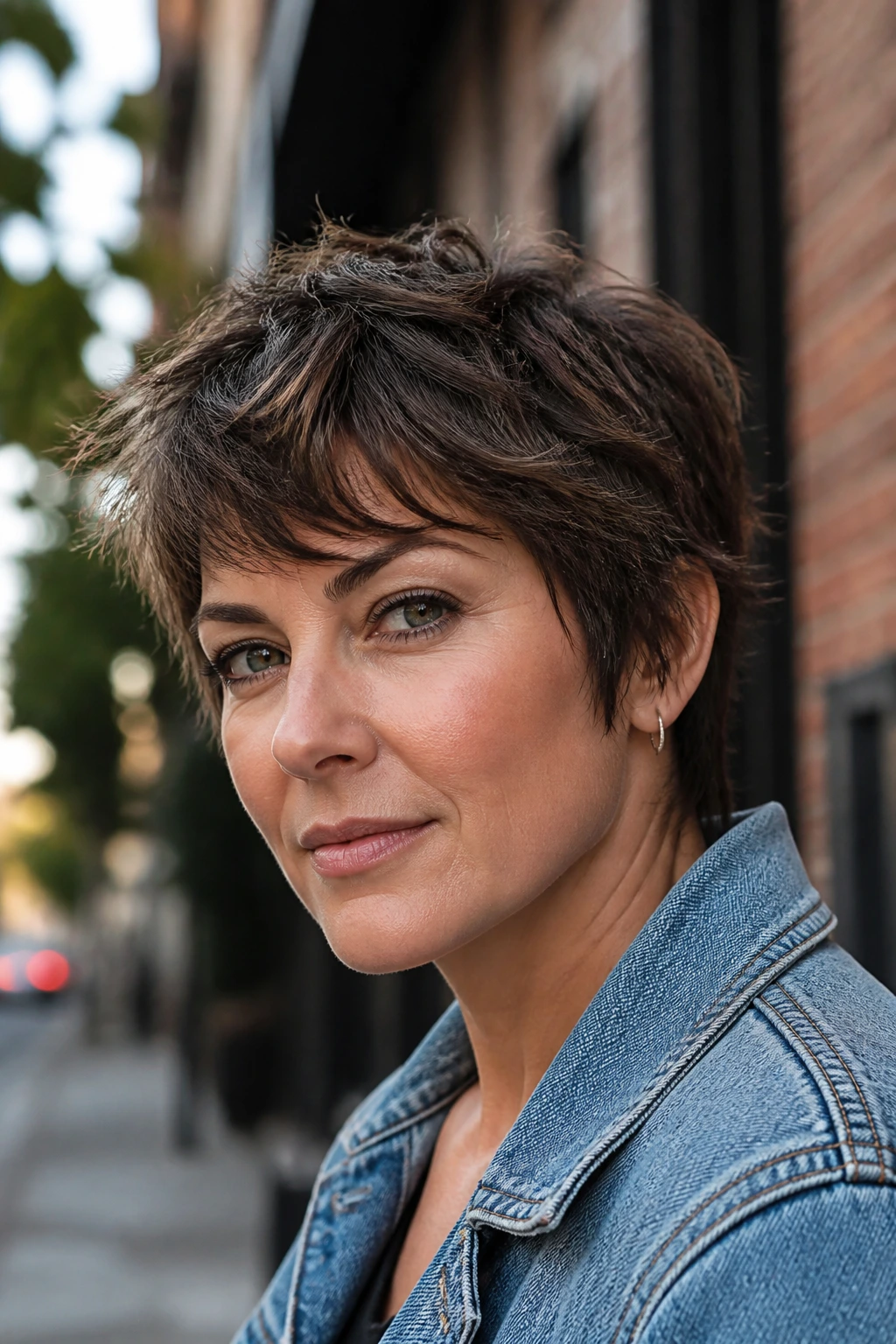Close-up portrait of a woman with a shaggy textured pixie in an urban setting