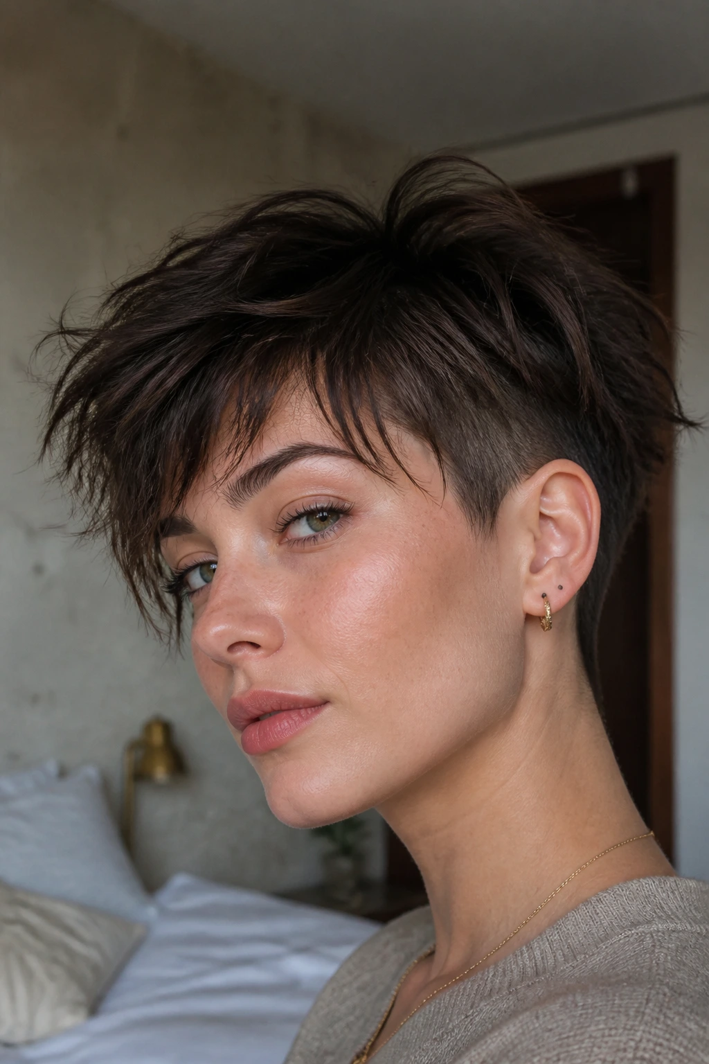 Close-up portrait of real person with shaggy undercut pixie in daylight bedroom.