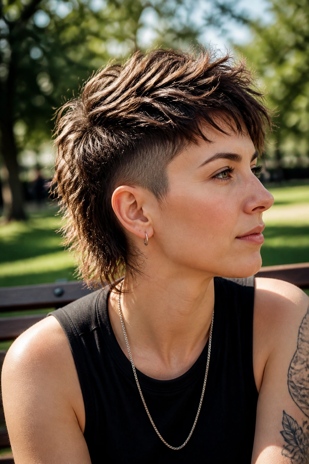 Real person with shaggy undercut, messy layered top.