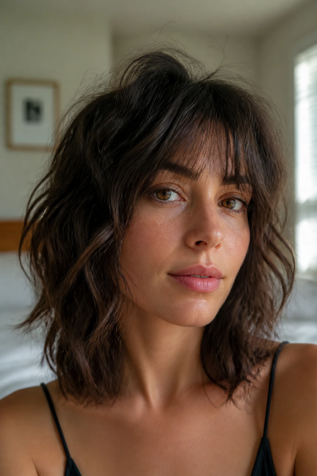 Close-up of a real woman with shaggy shoulder-length waves and lifted crown in window-lit bedroom