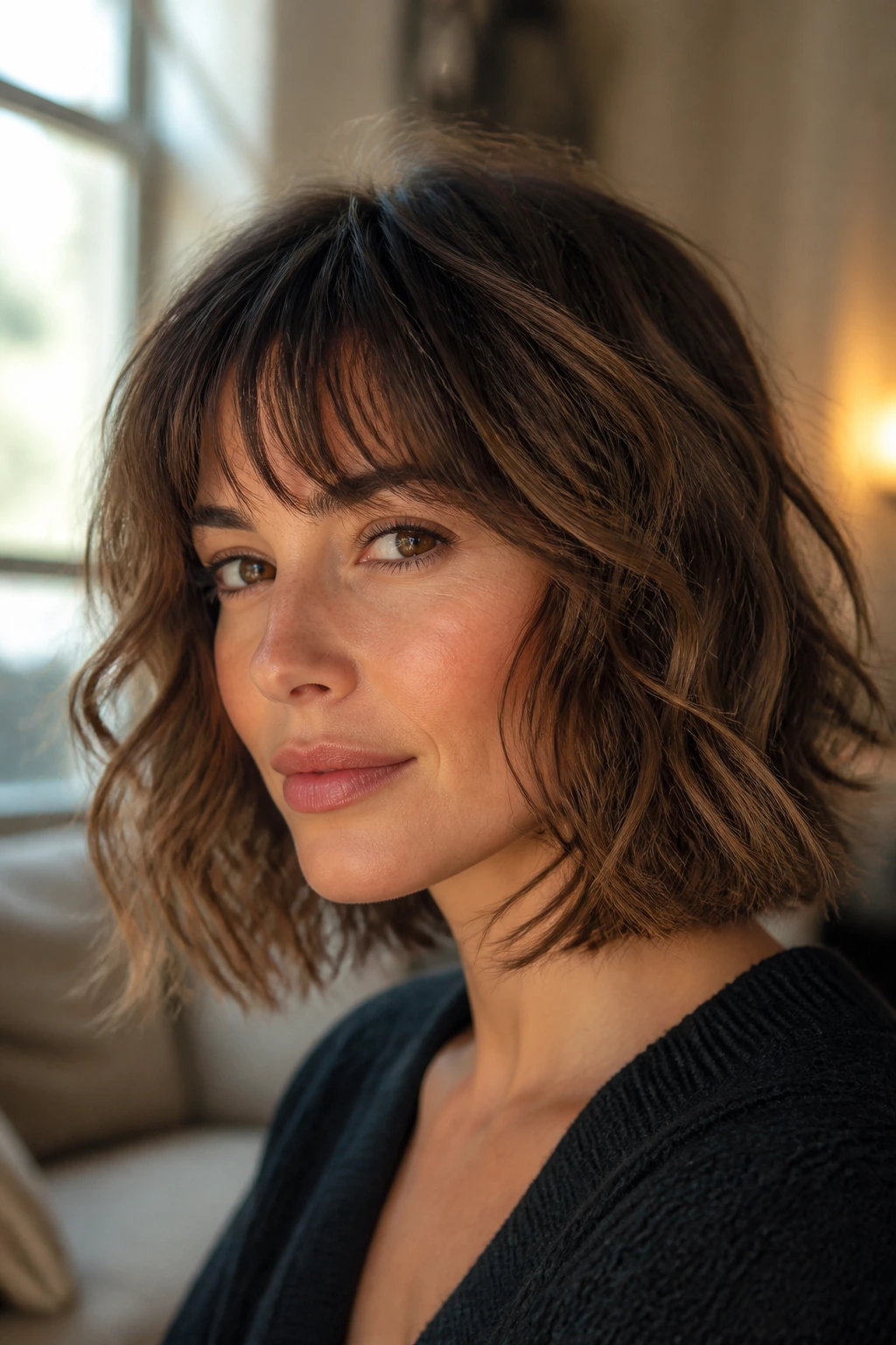 Close-up of a real person with a shaggy wavy bob and feathered fringe in warm daylight