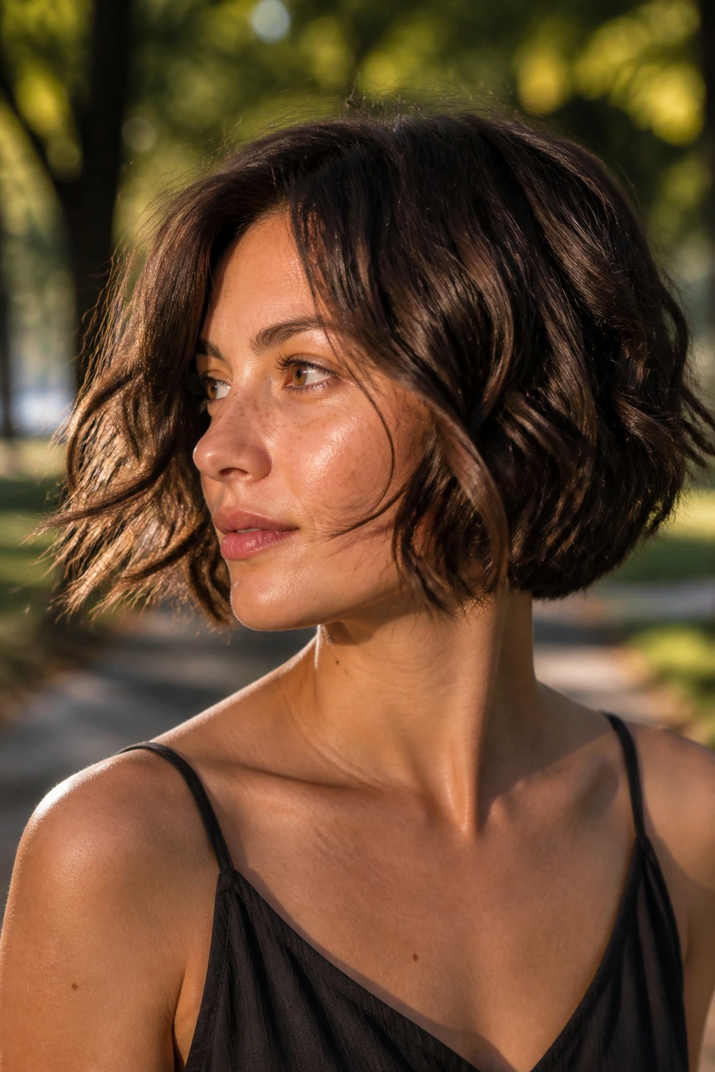 Real woman with shaggy wavy bob in golden hour park lighting.