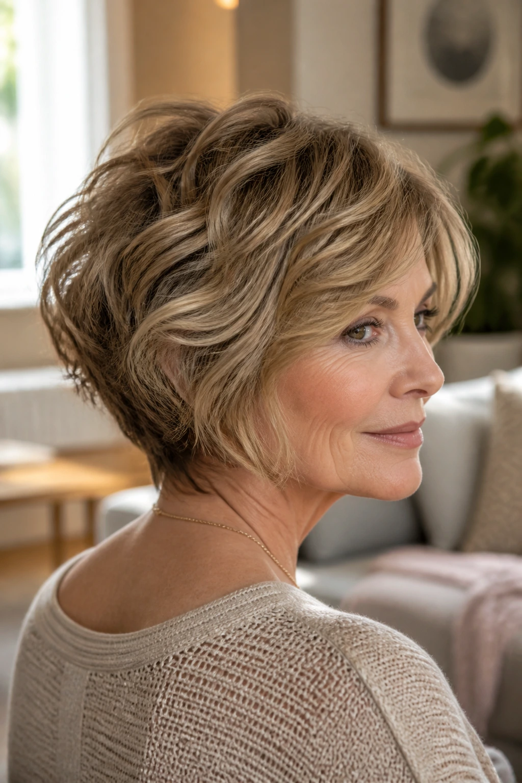 Portrait of a real woman with a shaggy wedge bob showing back wedge and textured top.