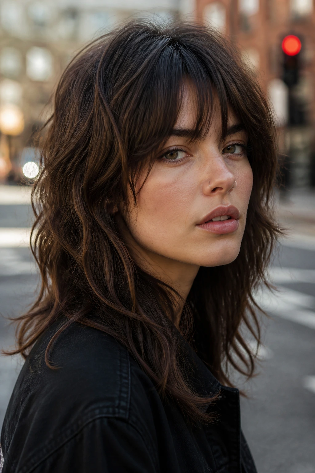 Portrait of real person with shaggy wolf cut and bottleneck bangs outdoors