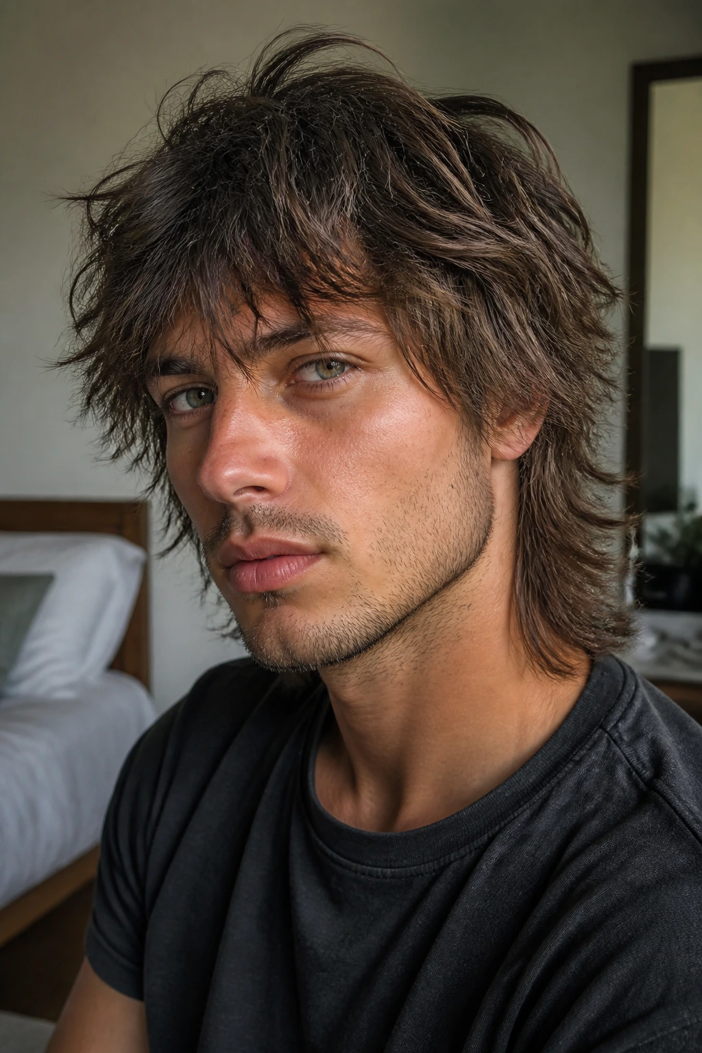 Man with shaggy wolf cut showcasing texture and movement in hair