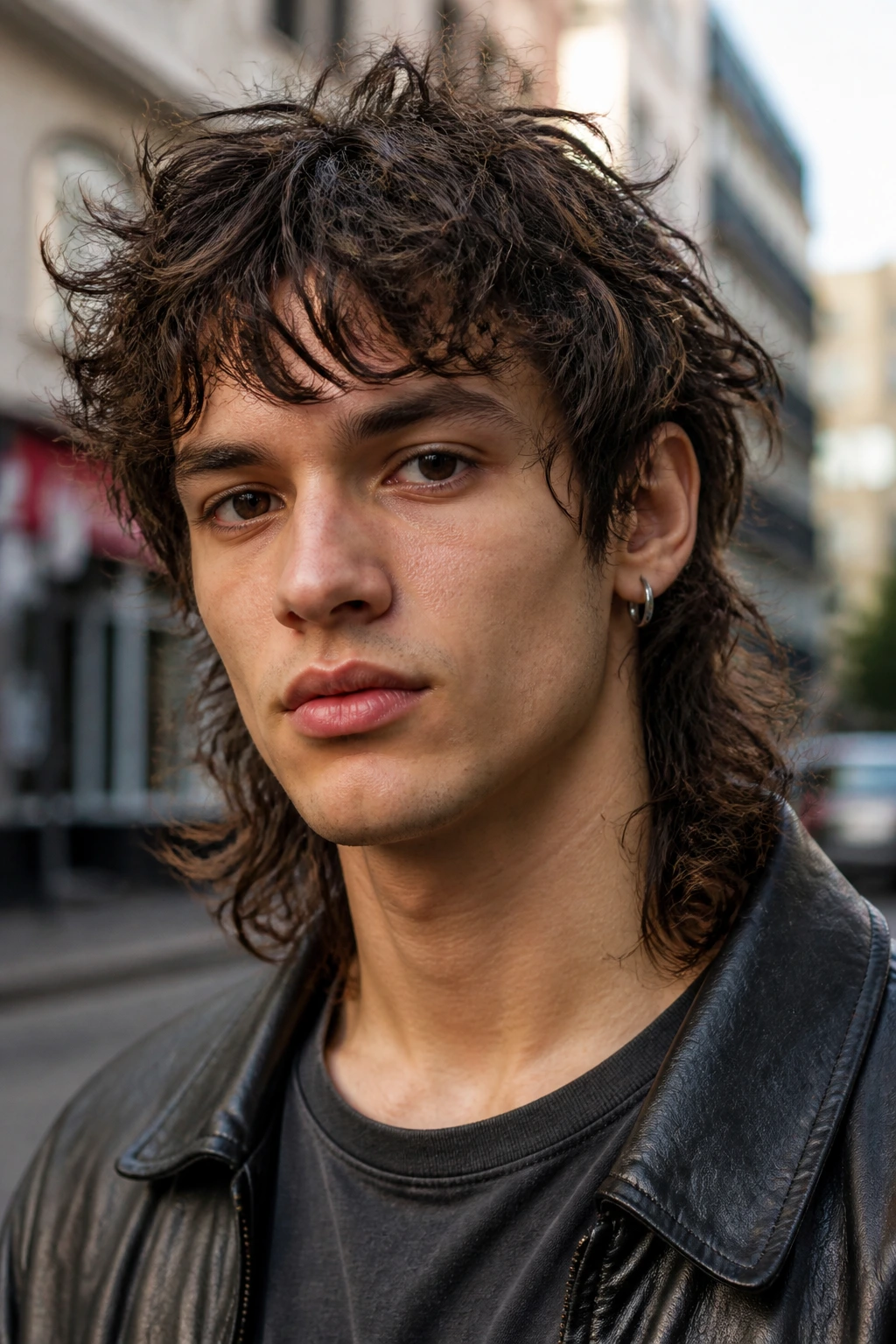 Portrait of a real person with shaggy wolf-cut mullet on an urban street