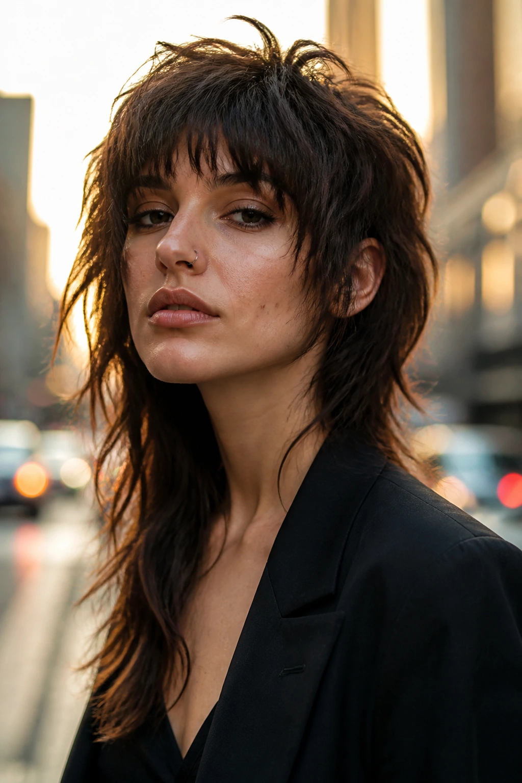 Close-up of a real woman with a shaggy asymmetrical wolf cut in golden hour street light
