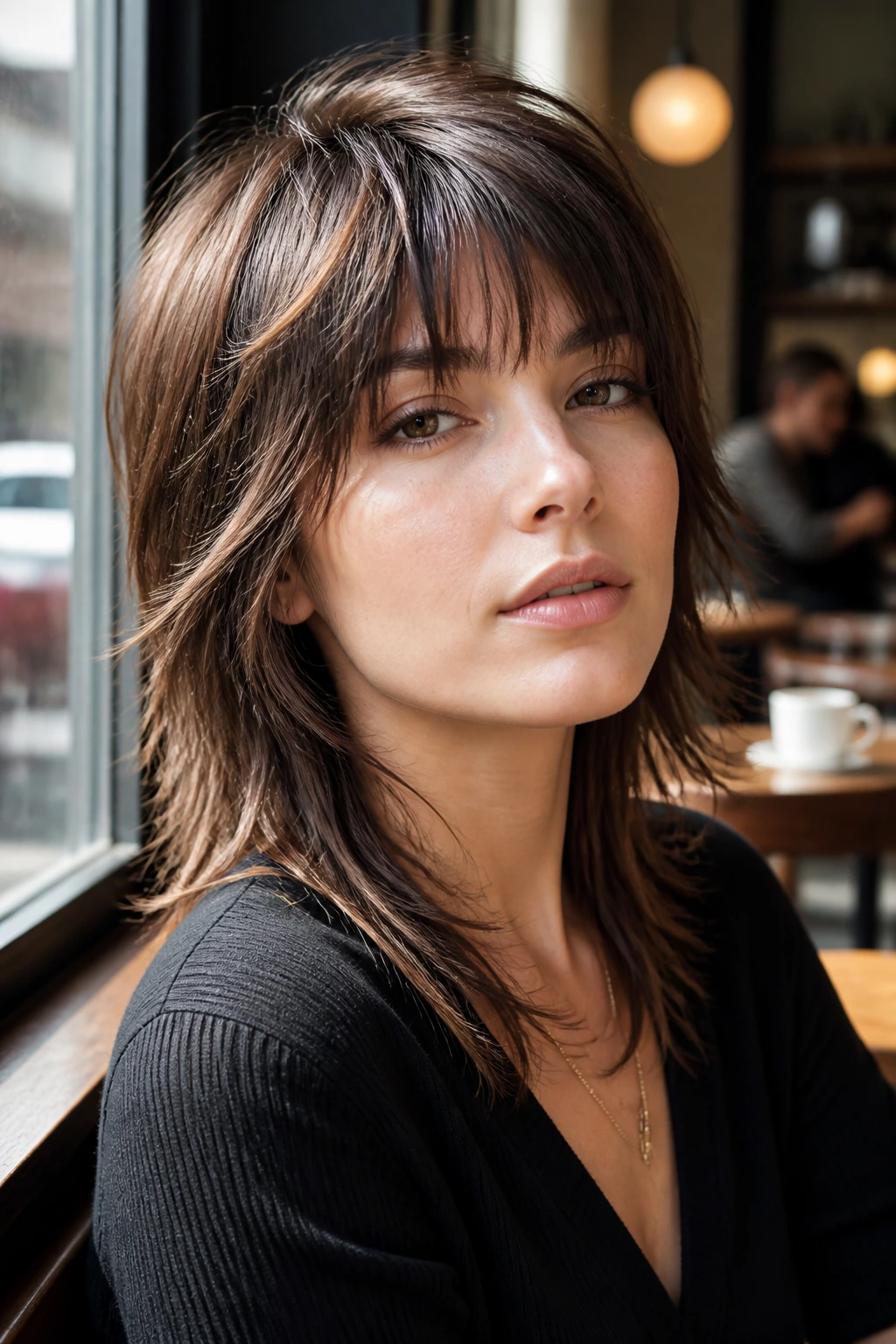 Portrait of a real person with a shaggy wolf cut shape on straight hair, crown lift visible.