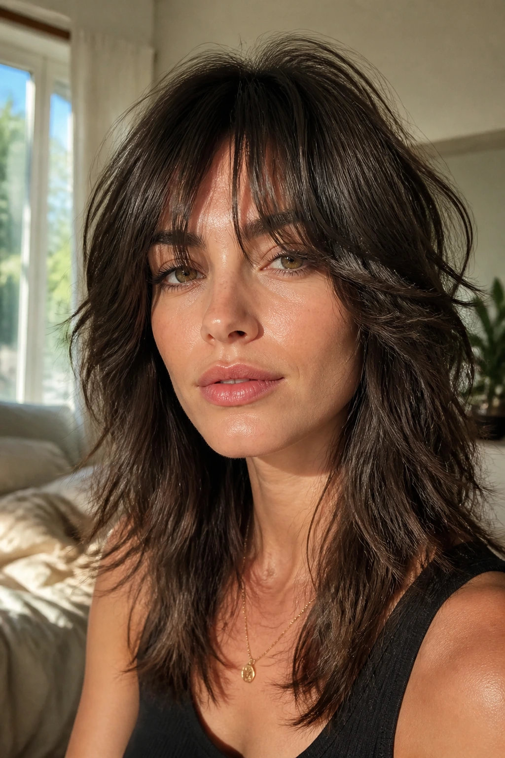 Close-up of a real woman with shaggy midi wolf cut and wispy curtain bangs in sunlit bedroom