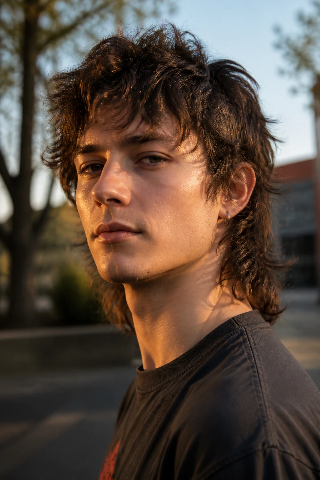 Close-up portrait of a person with shaggy wolf mullet in outdoor golden hour setting.