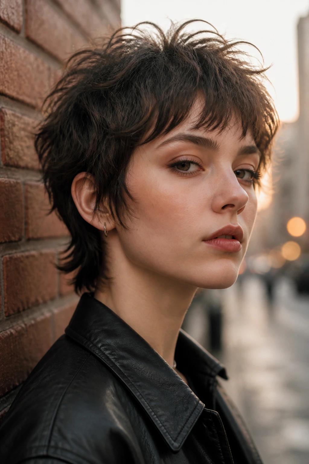 Close-up of a real person with shaggy wolf pixie hairstyle on urban street at dusk
