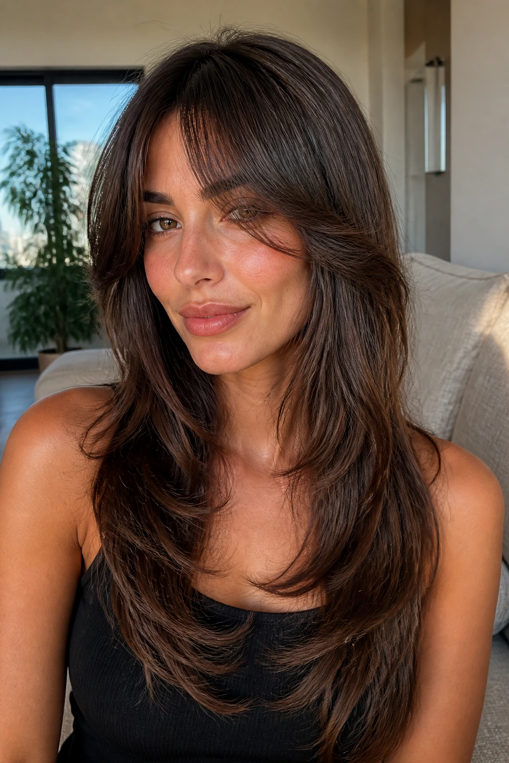 Close-up portrait of a real woman with shag-inspired long frame in a sunlit apartment.