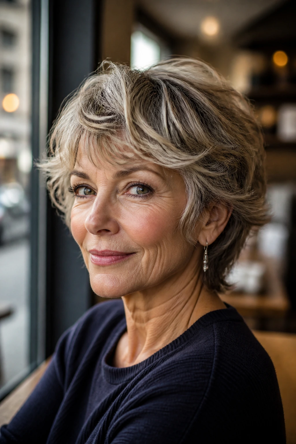 Portrait of a woman with shaglet cut showing face-framing layers in cafe light