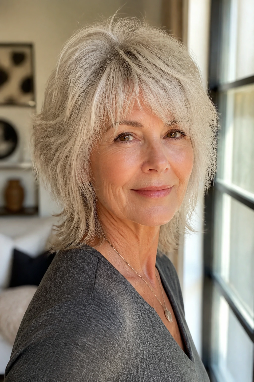 Close-up portrait of a real woman with a shag haircut showing crown lift and layered texture in a sunlit living room.