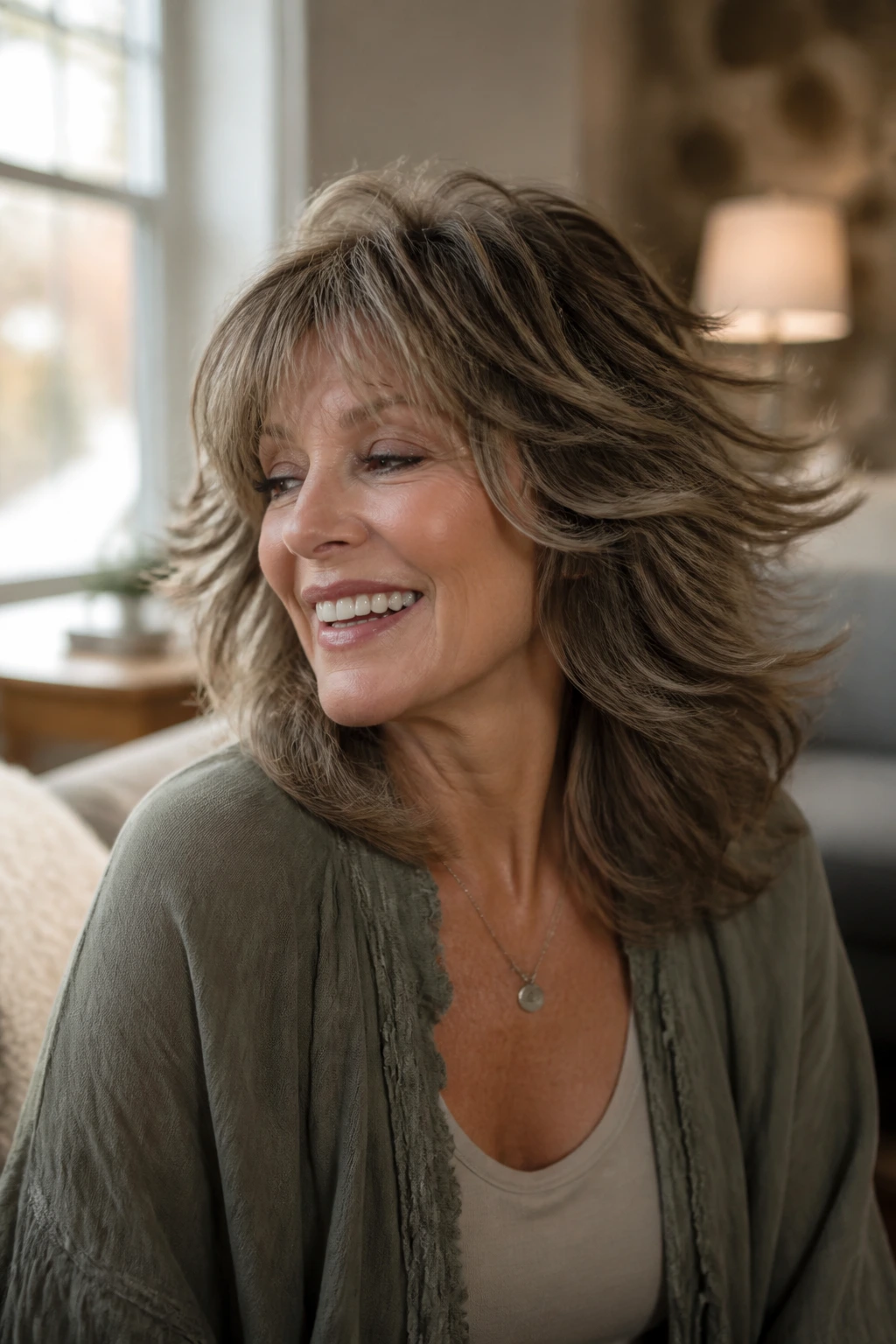 Close-up of a real woman with a voluminous shag showing crown lift and soft face-framing layers.
