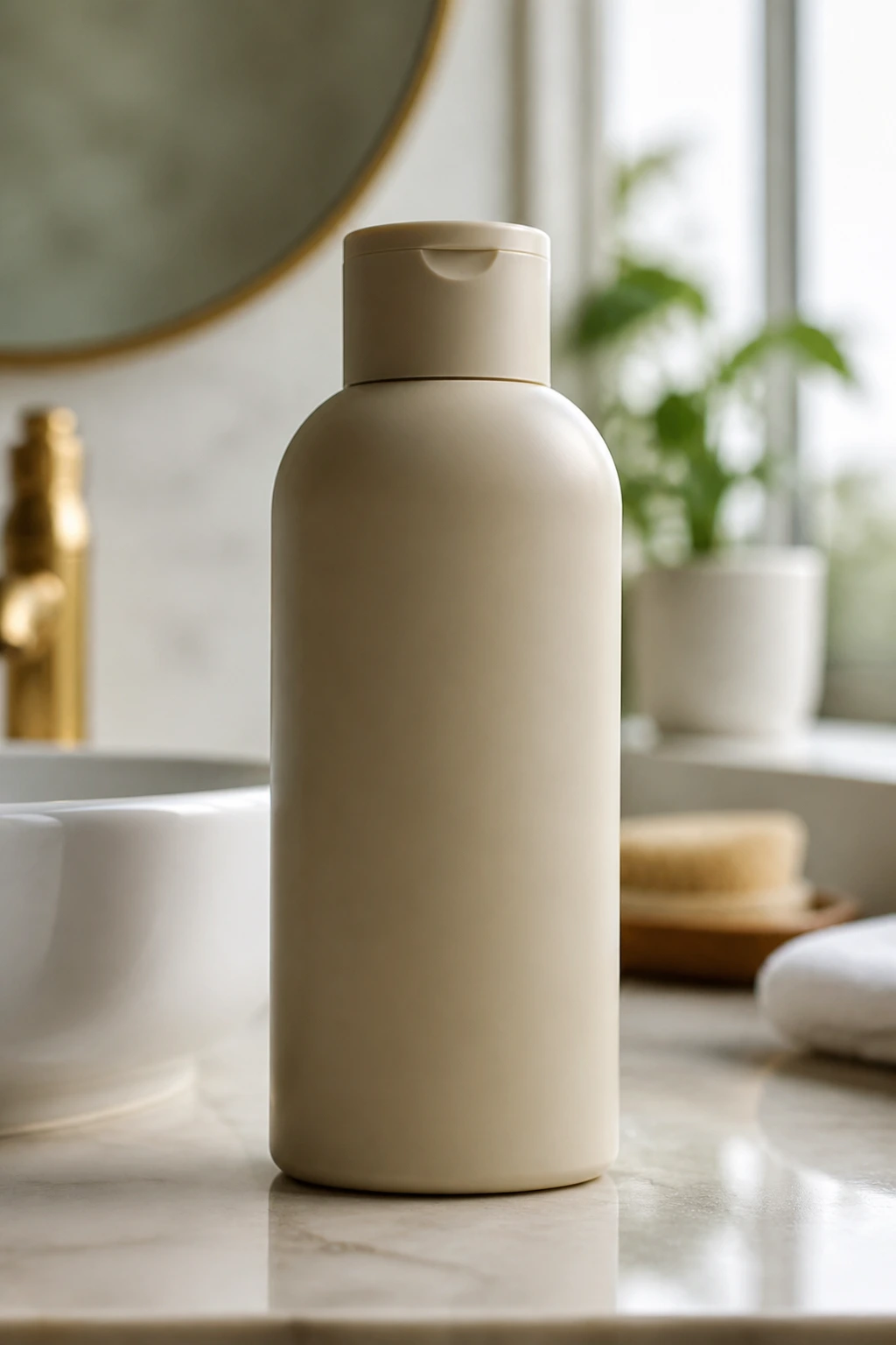 Plain unlabeled color-safe shampoo bottle on bathroom counter.