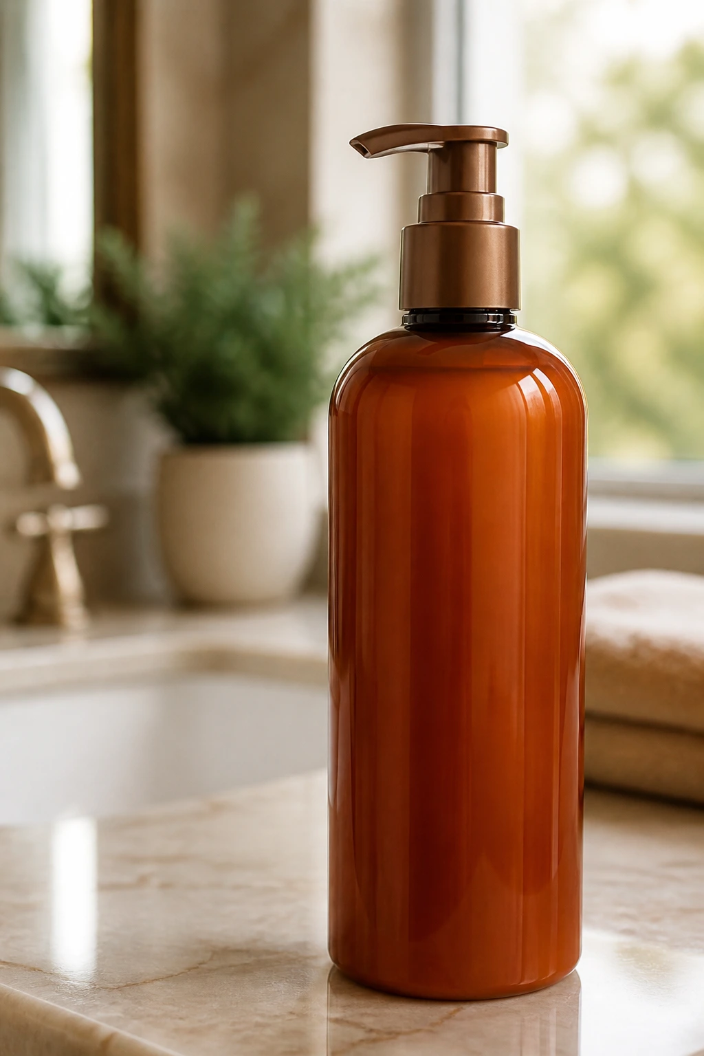 Shampoo bottle dominating frame on bathroom counter