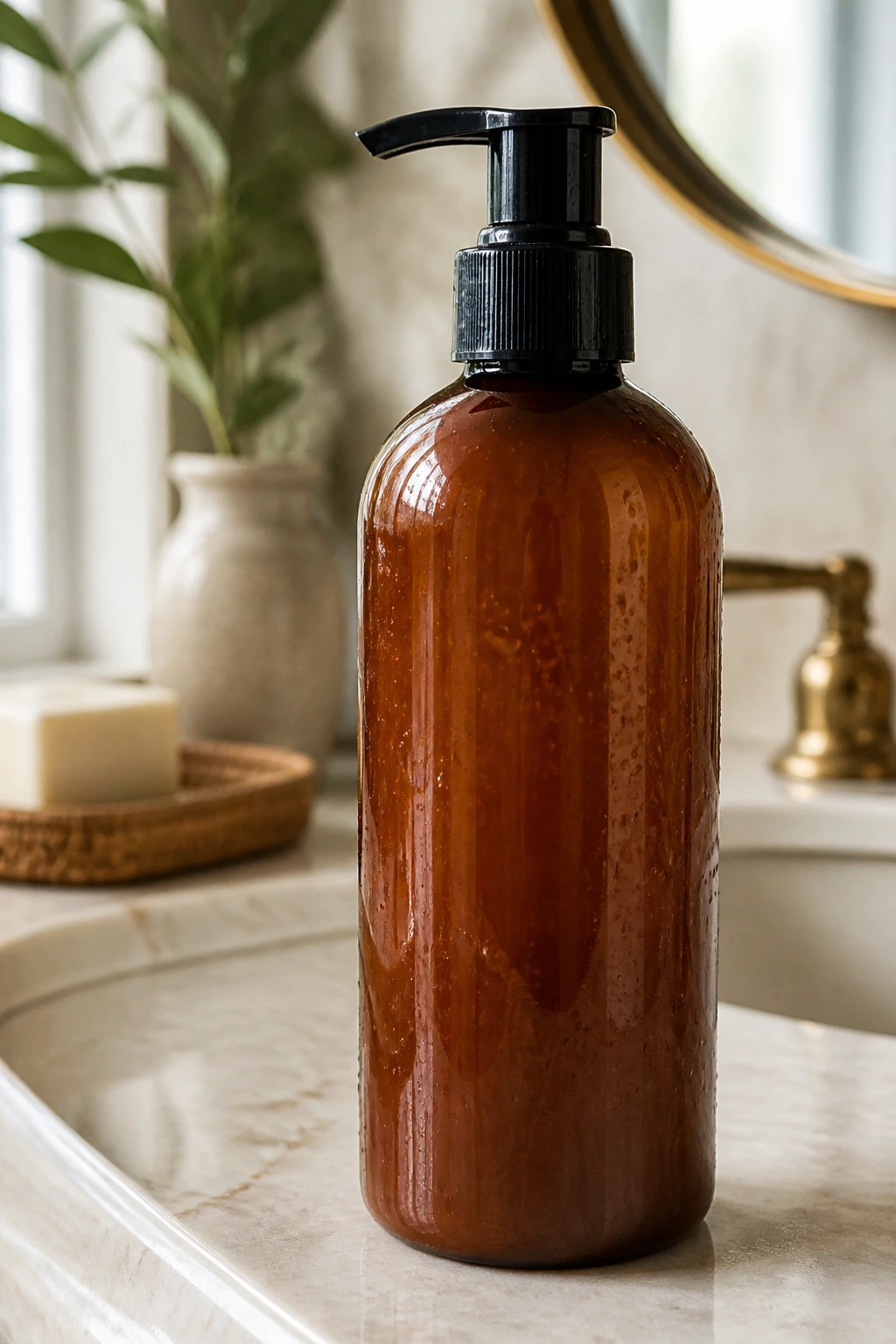 Close-up of a color-safe sulfate-free shampoo bottle on a bathroom counter.