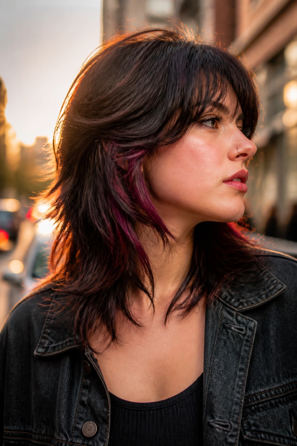 Close-up profile of a real person showing hidden color flash in a wolf cut