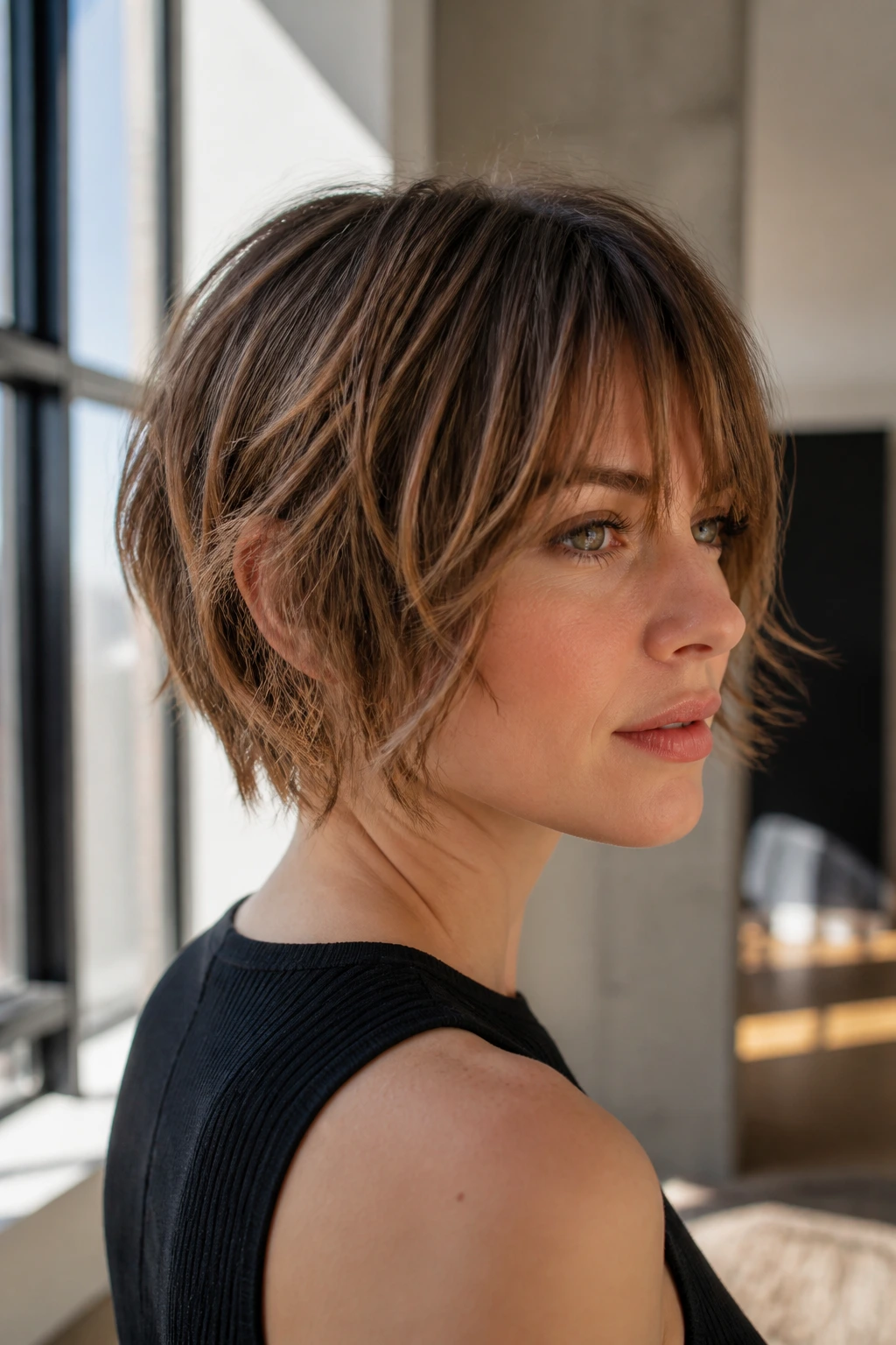 Close-up portrait showing geometric shape of a short shaggy bob on a real person